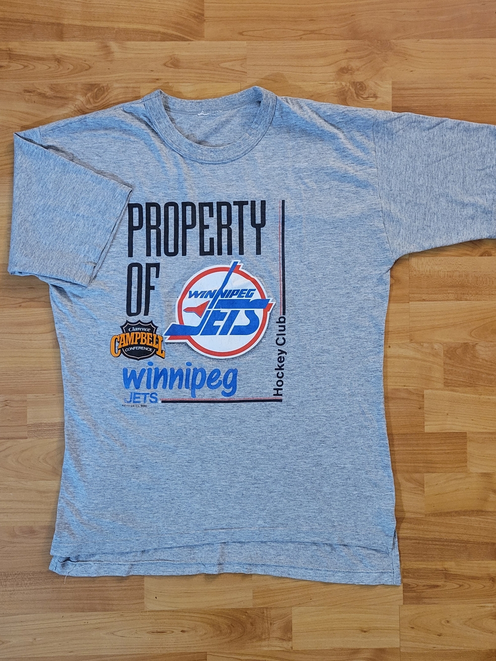 Vintage 1990 NHL Winnipeg Jets Hockey Women's Gray Retro Graphic Tee, Size Large